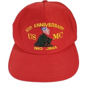 VTG Iwo Jima USMC 5OTH Anniversary Hat Cap Red Snap Back Embroidered Trucker USA